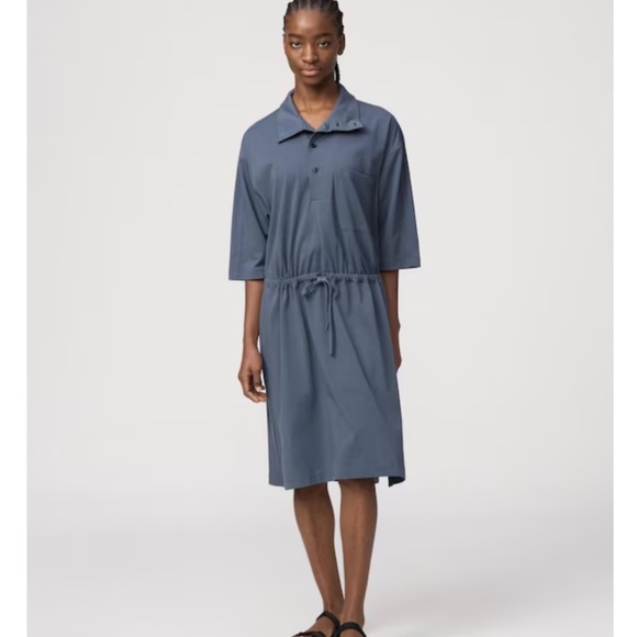 Uniqlo Half Sleeve Collared Gathered Waist Jersey Midi Dress Grey Womens S NWT - Picture 2 of 6